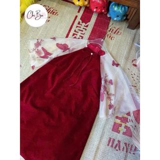 Đầm Nhung đỏ babydoll phối tay đính nơ xiu xinh