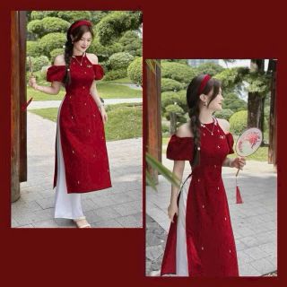 sét áo dài đỏ cổ yếm tròn tay ngắn bẹt vai … sét áo dài đỏ cổ yếm tròn tay ngắn bẹt vai …