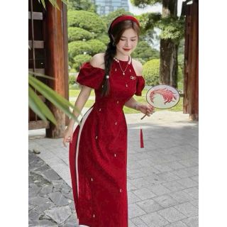 sét áo dài đỏ cổ yếm tròn tay ngắn bẹt vai … sét áo dài đỏ cổ yếm tròn tay ngắn bẹt vai …