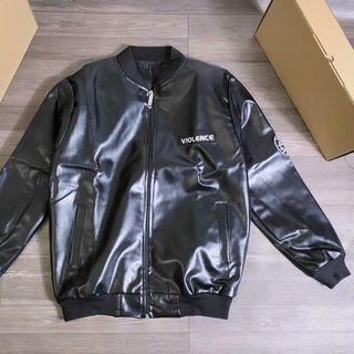 Áo khoác nam da simili thêu logo thời trang thích hợp mặc thu đông