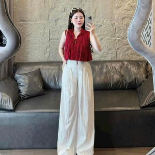 Set bộ thời trang nữ chất đũi vân mây áo tay sát nách cổ sơ mi mix quần ống rộng thiết kế sang trọng Set bộ thời trang nữ chất đũi vân mây áo tay sát nách cổ sơ mi mix quần ống rộng thiết kế sang trọng