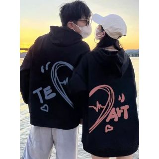 Áo hoodie nỉ bông in hình trái tim Te-Art xanh hồng cho các cặp đôi form unisex rộng đẹp