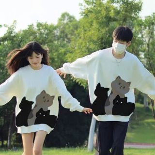 ￼Áo Sweater Nam Nữ In Hình Mèo Form Rộng Cổ Tròn Áo Couple Làm Quà Tặng