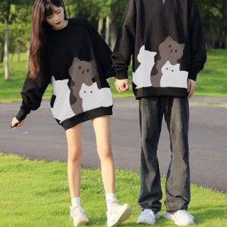￼Áo Sweater Nam Nữ In Hình Mèo Form Rộng Cổ Tròn Áo Couple Làm Quà Tặng