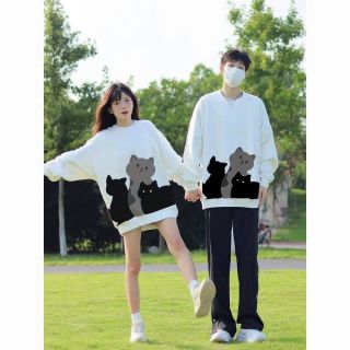 ￼Áo Sweater Nam Nữ In Hình Mèo Form Rộng Cổ Tròn Áo Couple Làm Quà Tặng