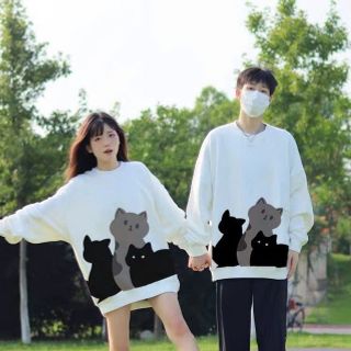 ￼Áo Sweater Nam Nữ In Hình Mèo Form Rộng Cổ Tròn Áo Couple Làm Quà Tặng