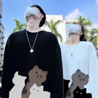 ￼Áo Sweater Nam Nữ In Hình Mèo Form Rộng Cổ Tròn Áo Couple Làm Quà Tặng