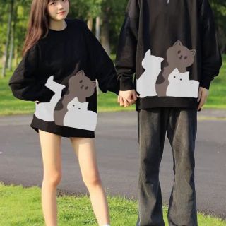 ￼Áo Sweater Nam Nữ In Hình Mèo Form Rộng Cổ Tròn Áo Couple Làm Quà Tặng