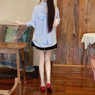 Áo Sơ Mi Nữ Tay Dài Đính Nơ Phía Sau Lưng Form Rộng Bigsize Xinh Đẹp Cao Cấp Dễ Thương