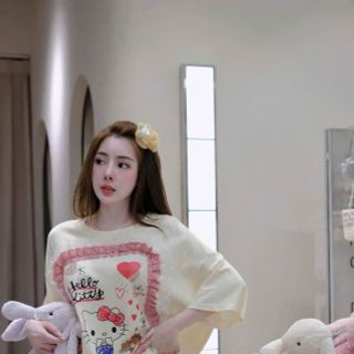 Bộ Áo Tay Lỡ Quần Đùi Kitty Viền Bèo Chất Tăm Mát Freesize Dưới 55kg