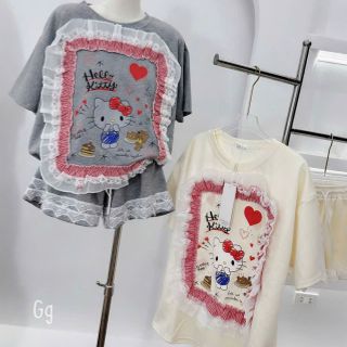 Bộ Áo Tay Lỡ Quần Đùi Kitty Viền Bèo Chất Tăm Mát Freesize Dưới 55kg