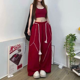 Quần Dù Ống Suông Rộng Nam Nữ Lưng Thun Dây Luồng Viền Chỉ Nổi Streetwear Thời Trang
