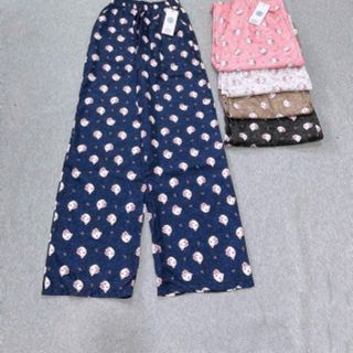 Quần Dài Ống Rộng Họa Tiết Mèo Hello Kitty Dễ Thương, Chất Vải Lụa Mềm Mịn Thoáng Thoải Mái Freesize dưới 63kg
