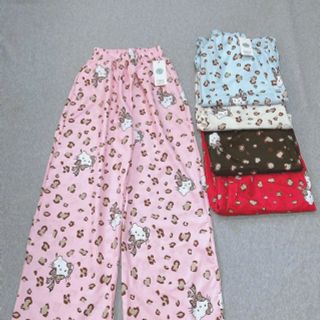 Quần Dài Ống Rộng Họa Tiết Mèo Hello Kitty Phối Da Báo Dễ Thương, Chất Vải Lụa Mềm Mịn Thoáng Thoải Mái Freesize