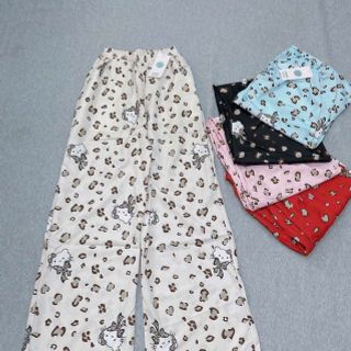 Quần Dài Ống Rộng Họa Tiết Mèo Hello Kitty Phối Da Báo Dễ Thương, Chất Vải Lụa Mềm Mịn Thoáng Thoải Mái Freesize