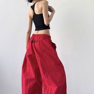 Quần Ống Rộng Trơn Thêu Chữ Phía Sau Chất Dù Nhăn Mịn Mát Freesize Dưới 63kg