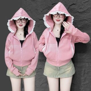 Áo khoác nữ viền ren mũ