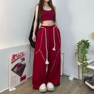 Quần dài nữ lai rộng thùng thình chất dù có dây luồng lưng, phối mí thân quần