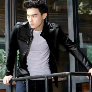 Áo khoác nam da simili chất lượng túi giả dây kéo ở ngực