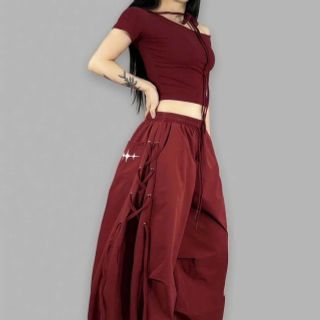 Quần nữ ống rộng thùng thìng có khoen, vải dù thời trang