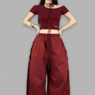 Quần nữ ống rộng thùng thìng có khoen, vải dù thời trang