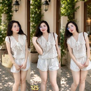 Bộ Đồ Nữ 2 Món Áo Kiểu Hai Dây Xếp Tầng Viền Ren Nơ Trước Ngực Kèm Quần Đùi Ngắn Siêu Xinh #125 Bộ Đồ Nữ 2 Món Áo Kiểu Hai Dây Xếp Tầng Viền Ren Nơ Trước Ngực Kèm Quần Đùi Ngắn Siêu Xinh #125