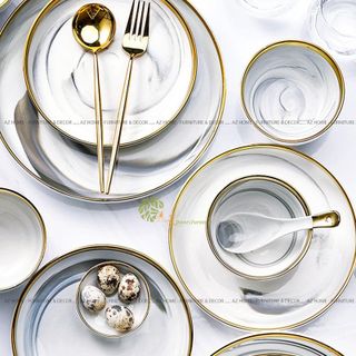 Bộ bát đĩa sứ viền vàng kiểu Hàn Quốc sang trọng ( bộ 26 chi tiết )