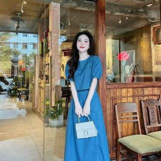 Sét 2 món áo Croptop tay phổng kèm chân váy dài chất jeans cứng sang chảnh