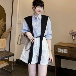 sét 4 món áo sơ mi kate , quần kaki mềm +áo khoác mỏng kèm nịt freesize dưới 55kg