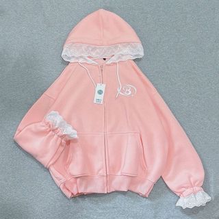 Áo khoác nữ chất nỉ bông mũ phối ren