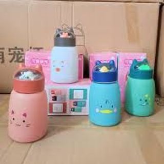 Bình nước giữ nhiệt tai mèo 360ml nắp thú dễ thương lõi thủy tinh bọc nhựa cách nhiệt