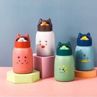 Bình nước giữ nhiệt tai mèo 360ml nắp thú dễ thương lõi thủy tinh bọc nhựa cách nhiệt