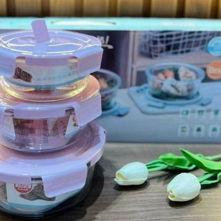 Hộp Cơm Thủy Tinh Tròn 400Ml Đựng Thực Phẩm Cao Cấp Đa Năng Có Nắp Hút Chân Không