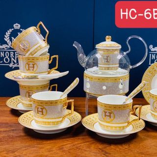 Bộ Ấm Trà , Cafe Sứ Xương Cao Cấp Hoạ Tiết Kim Sa Mạ Vàng Sang Trọng