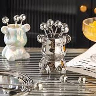 Set 6 dĩa ăn hoa quả inox kèm ống đựng hình gấu cao cấp@ Set 6 dĩa ăn hoa quả inox kèm ống đựng hình gấu cao cấp@