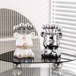 Set 6 dĩa ăn hoa quả inox kèm ống đựng hình gấu cao cấp@ Set 6 dĩa ăn hoa quả inox kèm ống đựng hình gấu cao cấp@