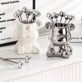 Set 6 dĩa ăn hoa quả inox kèm ống đựng hình gấu cao cấp@ Set 6 dĩa ăn hoa quả inox kèm ống đựng hình gấu cao cấp@