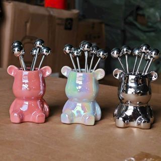 Set 6 dĩa ăn hoa quả inox kèm ống đựng hình gấu cao cấp@ Set 6 dĩa ăn hoa quả inox kèm ống đựng hình gấu cao cấp@