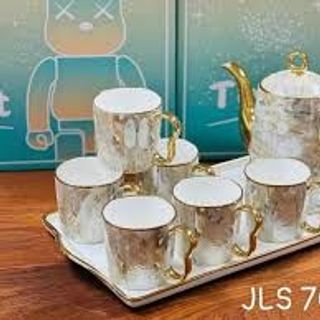 BỘ ẤM CHÉN VÂN ĐÁ KÈM KHAY SỨ VIỀN VÀNG CAO CẤP SANG TRỌNG