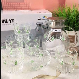 Bộ bình cốc kèm khay thủy tinh hàng đẹp có hộp Bộ bình cốc kèm khay thủy tinh hàng đẹp có hộp