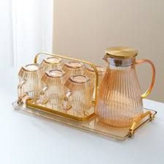 Bộ Bình Thủy Tinh Kèm 6 Cốc AB FAMILY Vân Sọc Màu Hổ Phách Sang Trọng