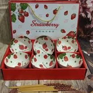 bộ 6 chén kèm đũa hình trái dâu - bộ chén sứ trái dâu