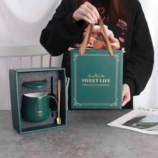 Cốc sứ có nắp thìa, dung tích 340ml in chữ Lucky, ly sứ quà tặng ý nghĩa