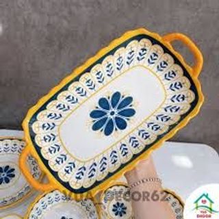 Bộ đồ ăn sứ họa tiết thổ cẩm hoa bông xanh, set bát đĩa phong cách Bắc Âu hiện đại