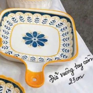 Đĩa Decor Có Tay Cầm Bắc Âu Scandinavia, Khay Sứ Vuông Tay Cầm Cao Cấp