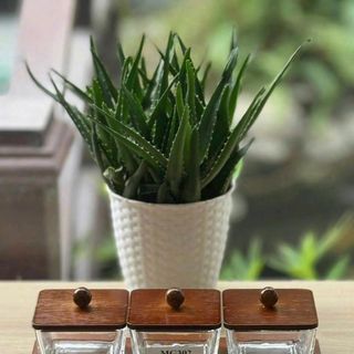 MG302 - BỘ 3 cái vuông  Mứt thủy tinh + nắp gỗ hình+ khay gỗ 