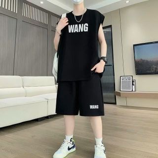 ￼Bộ Đồ Mùa Hè Nam Không Tay Phong Cách Hồng Kông Rộng Thun Lạnh In Pet Không Bong Tróc Băng Bộ Đồ Thể Thao Bộ Đồ Hai Mảnh