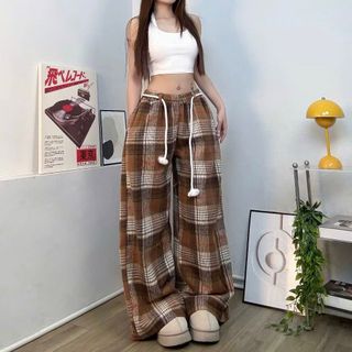 Quần ống rộng kẻ sọc chất nỉ dạ caro dày dặn phối dây luồng lai kèm dây thừng chun.