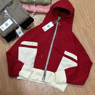 Áo Khoác Phối Màu Cổ Cao Dây Kéo Kim Loại To, Tay Xỏ Ngón, Chất Nỉ Bông Dày Mịn Form Boxy - Freesize Dưới 65kg