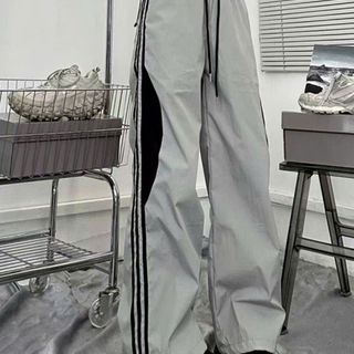 Quần Ống Rộng Chất Dù Nhăn Dây Rút Lai Phối Sọc Đen Xám Freesize Dưới 65kg